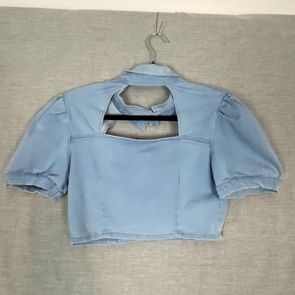 Thrill Jeans Denim Crop Top Sz Medium Button Collar Chest Cut Out - Picture 2 of 6